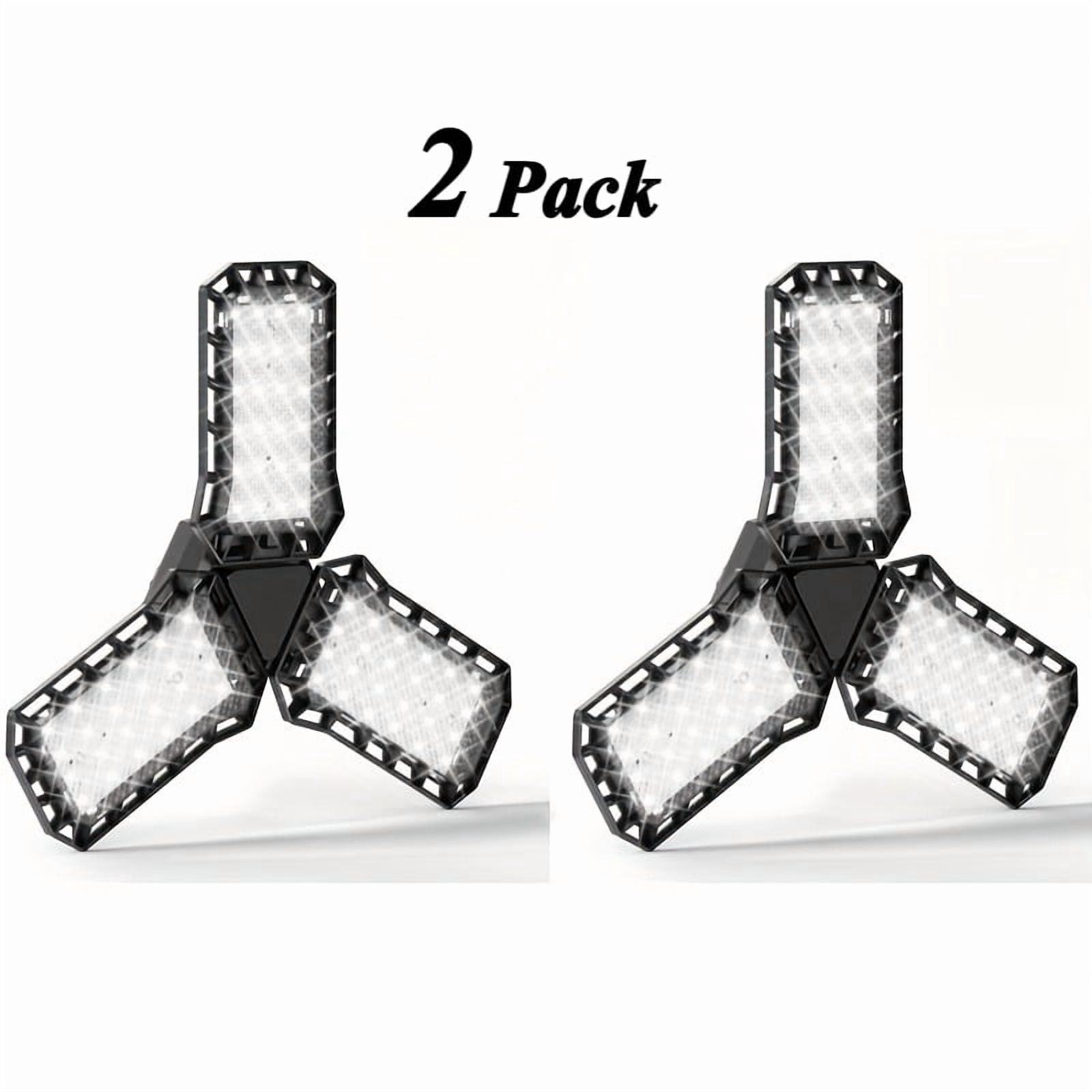 2 Pack LED Garage Light with E27 Base, 5000K Daylight, 10000LM, Deformable 3 Panels,144LED Linkable Shop Light for Garage, Workshop, Basement