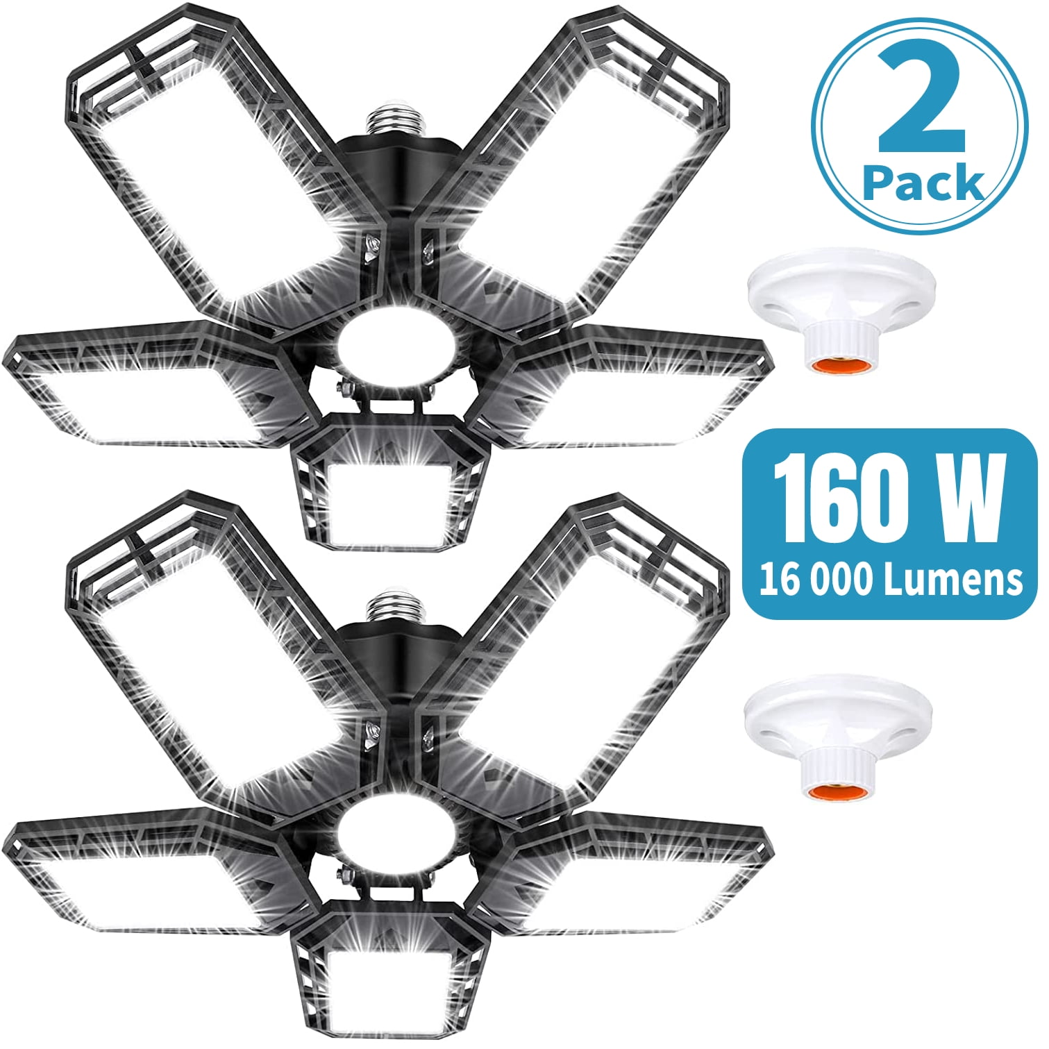 2 Pack LED Garage Lights 160W Deformable LED Garage Ceiling Lights with 5 Adjustable Panels E26 E27 LED Lights for Garage