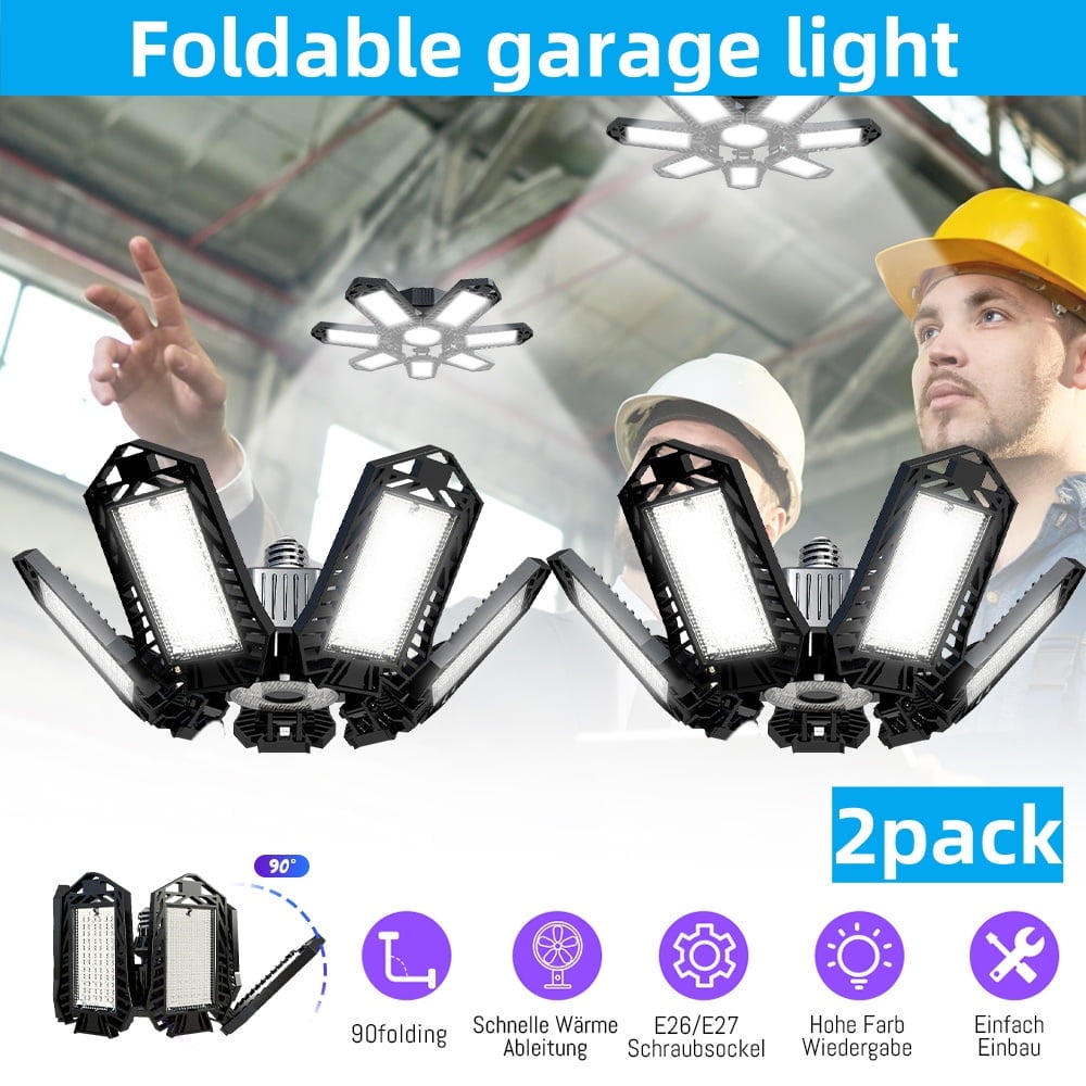 2-Pack LED Garage Lights with 7+1 Adjustable Panels, Transformable Shop Lights, 120W​​ E26/E27 LED Lighting for Basement, Garage, Attic