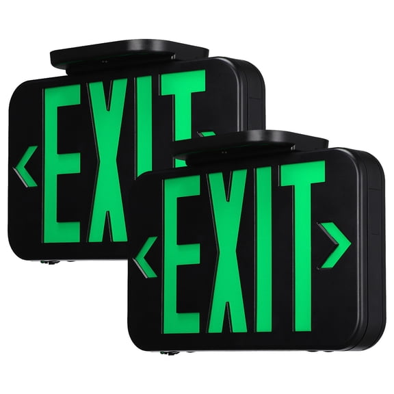 2 Pack LED Emergency Exit Sign with Battery Backup, Double Sided Green Letters Exit Lights, AC 120/277V, Damp Location, Black