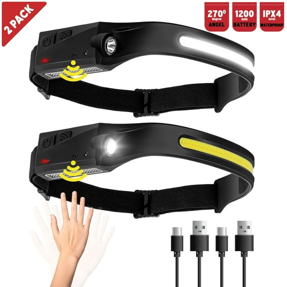 2 Pack LED Headlamp, 1200 Lumen Flashlight, Rechargeable, Headlights, Dual beam, Handsfree Waterproof, Camping, Running, Cycling, Hunting, Kids Adults
