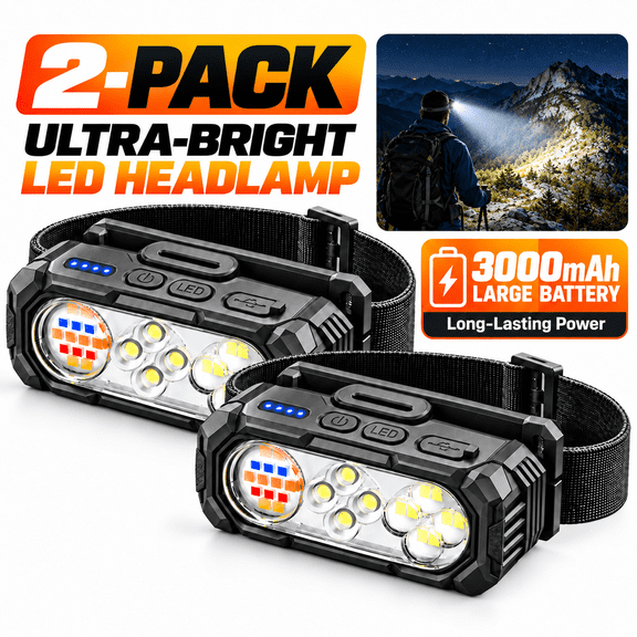 2 Pack LED Headlamps, 3000mAh Rechargeable Head Lights, 9 Lighting Modes, Dual Switch, USB-C Charging, 4-Level Battery Indicator, 90 Degree Adjustable Headlamps with Replaceable Batteries for Camping
