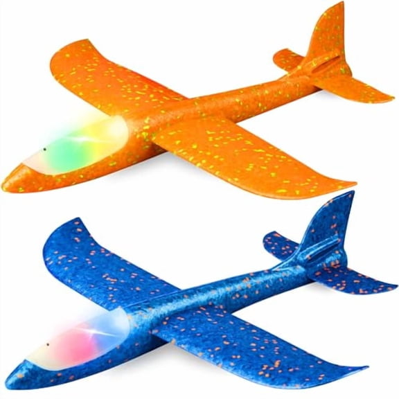 2 Pack LED Light Airplane,17.5" Large Throwing 2 Flight Mode Glider Plane,Flying Toy for Kids,Gifts for 3 4 5 6 7 8 9 Years Old Boy,Outdoor Sport Toys Birthday Party Favors Foam Airplane