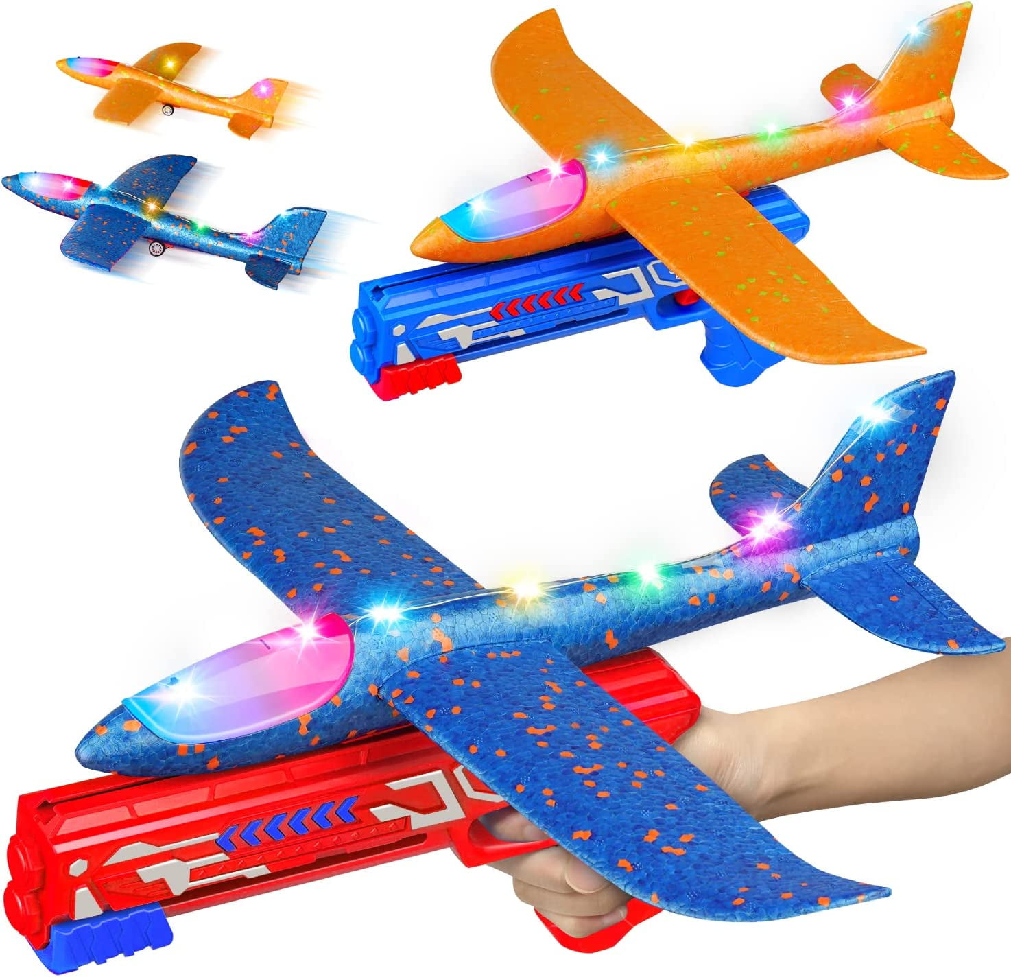 2 Pack LED Light Airplane Launcher Toy Set, Throwing Foam Glider Catapult Plane, Outdoor Flying