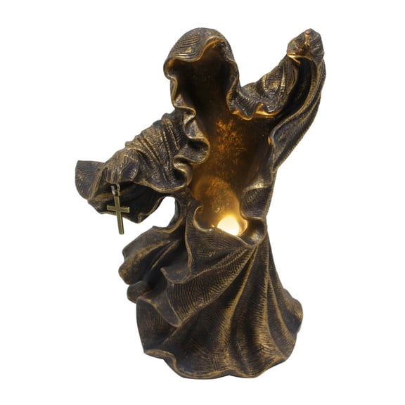 2 Pack LED Light Up Hooded Reaper Resin Statue, Bronze Distressed Gothic Halloween Tabletop Decor, Spooky Mantel Shelf Accent for Seasonal Home Displays