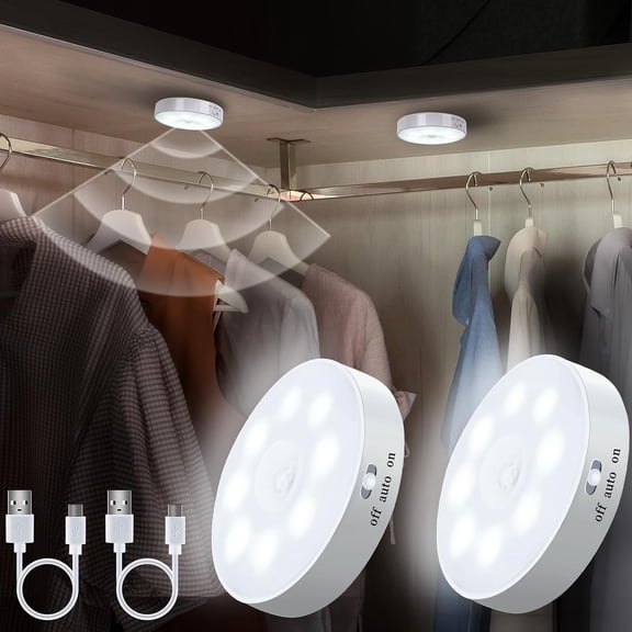 2 Pack LED Motion Sensor Light,Under Counter Lighting, Kitchen Night Lights, USB Rechargeable Battery Powered Operated Light for