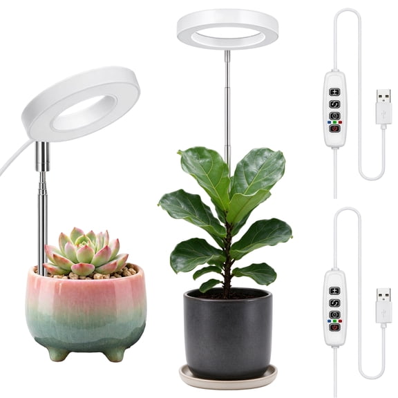 2 Pack Full Spectrum LED Grow Light with Adjustable Telescopic Pole, Dimmable Plant Light with Timer, 3 Light Modes & 10 Dimmable Brightness, Ring Grow Lamp for Indoor Plants