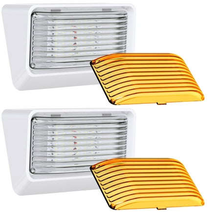 2 Pack -LED RV Exterior Porch Utility Light - 12v 280 Lumen Lighting Fixture. Replacement Lighting for RVs, Trailers, Campers, 5th Wheels. White Base, Clear and Amber Lenses Included