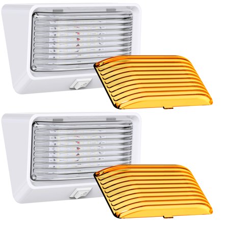 2 Pack LED RV Exterior Porch Utility Light with Switch - 12v 280 Lumen Lighting Fixture. Replacement Lighting for RVs, Trailers, Campers, 5th Wheels. White Base, Clear and Amber Lenses Included