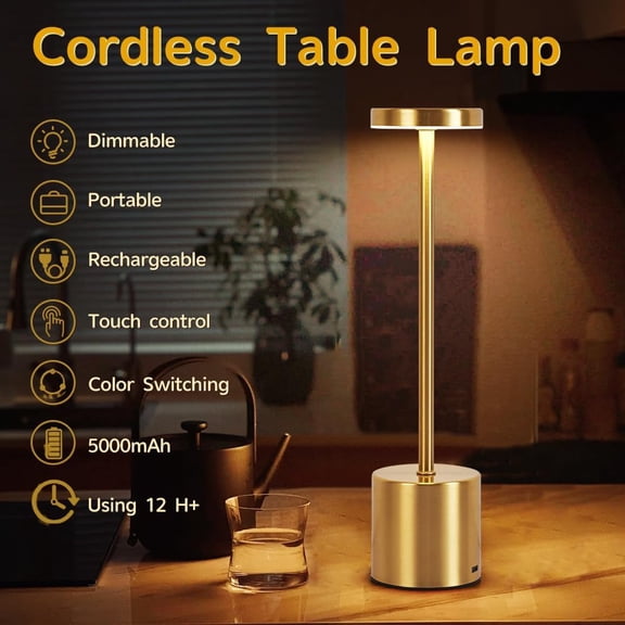 2 Pack LED Rechargeable Cordless Table Lamps, Portable Outdoor 5000 mAh Battery Operated Table Light Touch Control 3 Color Dimmable Touch Lamp for /Cofee/Restaurant/Camping/Dining/Bedroom-Gold