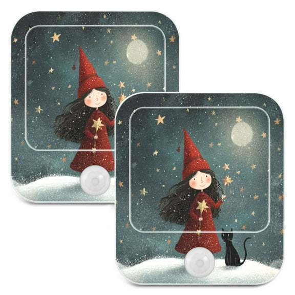 2 Pack LED Sensor Night Light Motion 3 Modes for Stairway Bedroom Living Room Red Hat and Black Cat