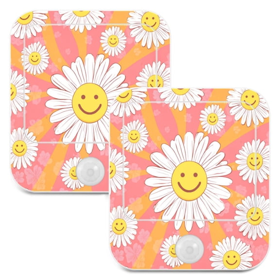 2 Pack LED Sensor Night Light Motion 3 Modes for Stairway Bedroom Living Room Smiley Face on Orange Background