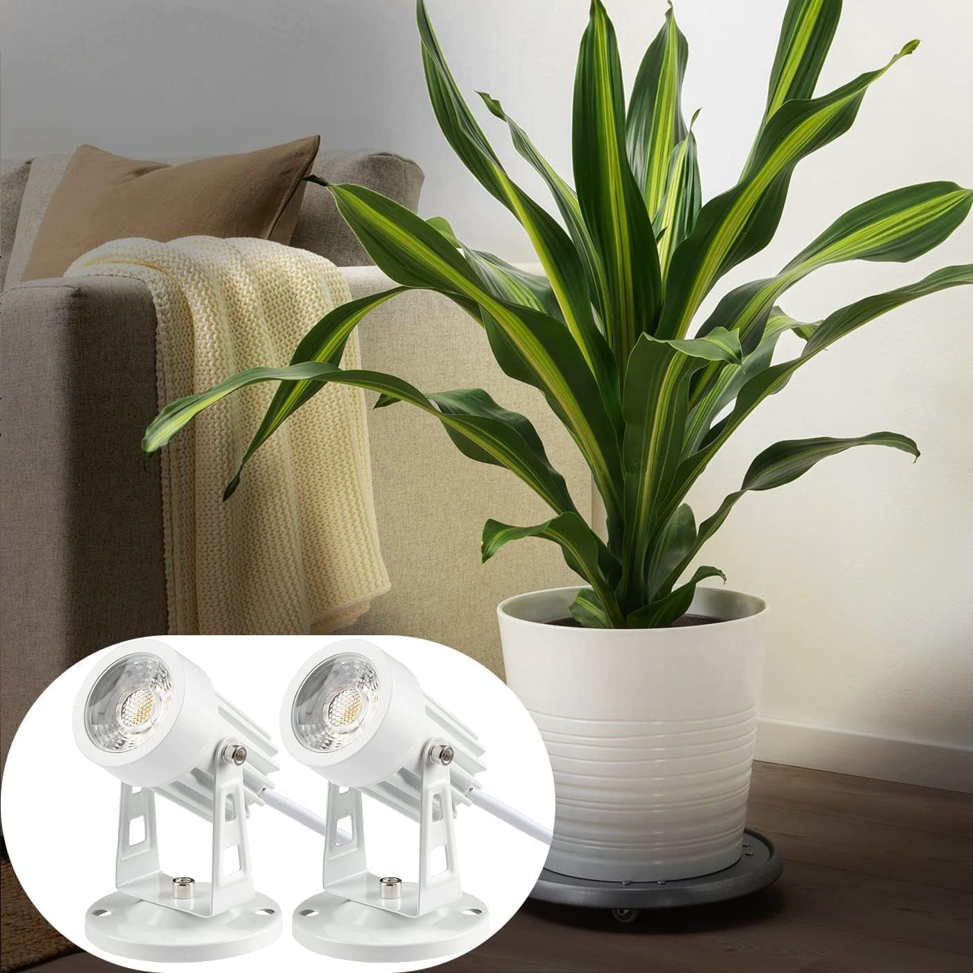 2 Pack LED Spot Lights Indoor Plant Spotlight Lamp Up Lights for Indoor Plants Accent Lighting 120V Warm White Uplight 5.9 FT Cord with Floor Foot Switch, White (Base and Stake Included)