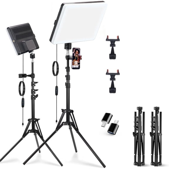 2-Pack LED Video Light Panel, 2700K-7500K Bi-Color Dimmable Photography Lighting Kit with 60" Tripod Stands & Phone Holders, CRI 95+ Studio Lights for Streaming, YouTube, , Zoom