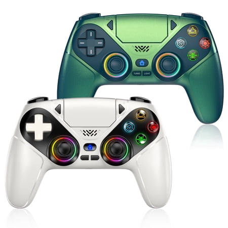 2 Pack LED Wireless Controller for P5, Seven Light Colors Compatible with P5 Pro/Slim/PC, Macro/Turbo Function,Dual Vibration, 3.5mm Audio Jack, 6-Axis Motion Contro Gamepad with Speaker(Black&White)