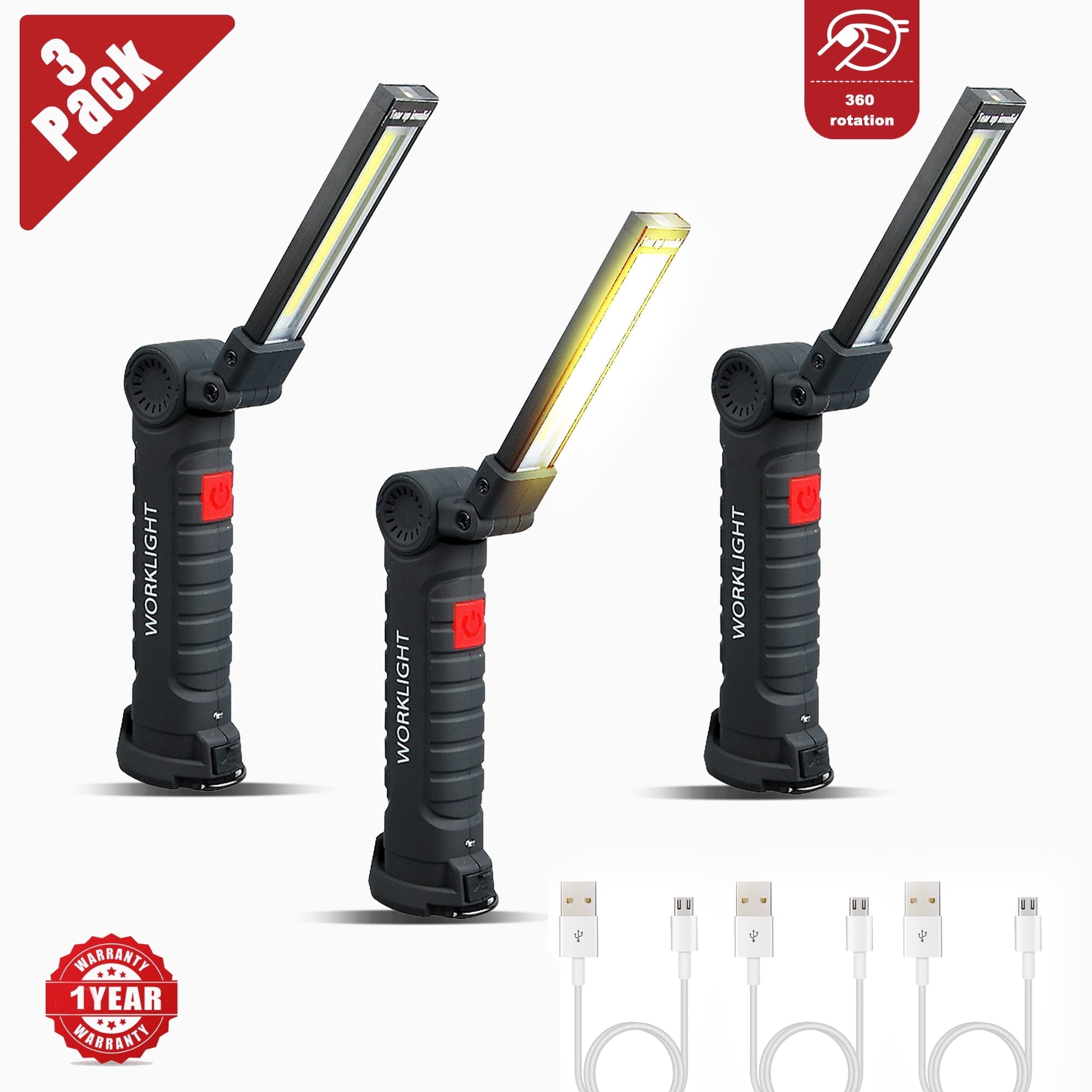 3 Pack Rechargeable LED Work Light, Flashlights with Magnetic Base & Hook, 5 Modes for Garage, Car Repair, Camping