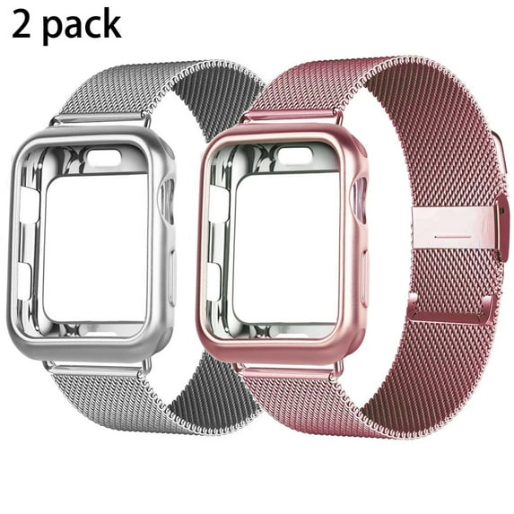 2 Pack LEIXIUER Metal Magnetic Band for Apple Watch Bands 38mm Milanese Loop Stainless Steel Wristband with Protector Case for iWatch Series 3 2 1 -silver,pink gold