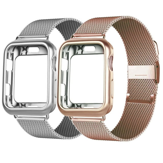 2 Pack LEIXIUER Metal Magnetic Band for Apple Watch Bands 42mm Milanese Loop Stainless Steel Wristband with Protector Case for iWatch Series 3 2 1 -silver,rose gold