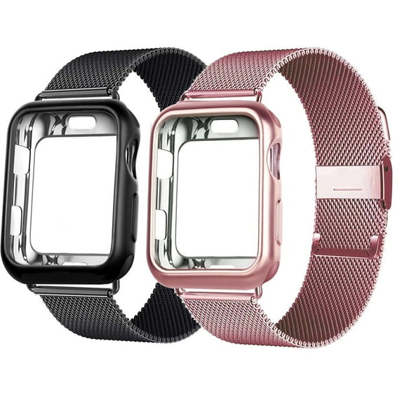 2 Pack LEIXIUER Metal Magnetic Band for Apple Watch Bands 45mm Milanese Loop Stainless Steel Wristband with Protector Case for Apple Watch Series 7 45 mm -black,pink gold