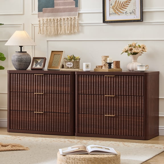 2 Pack LEYAOYAO Fluted 3 Drawers Farmhouse Nightstand, Rustic Bedside Table with Drawers for Bedroom, Vintage End Table for Bedroom Living Room, Walnut