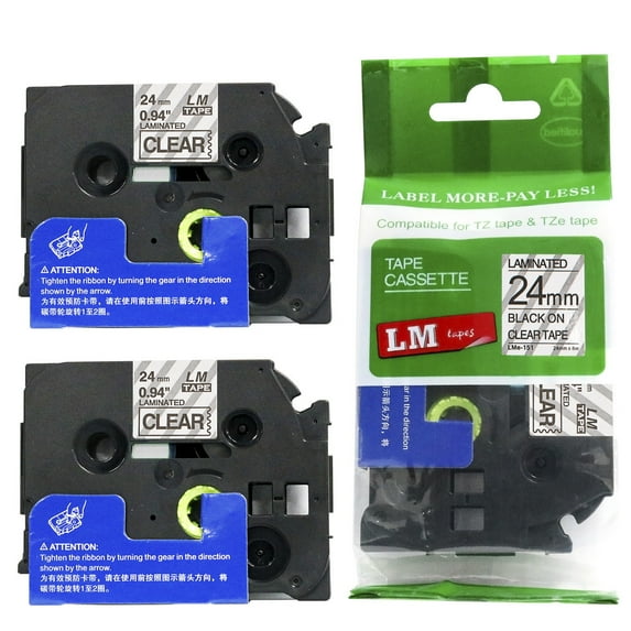 2/Pack LM Tapes - Premium 1" Black Print on Clear Label (24mm 0.94 Laminated) Compatible with TZe-151 P-touch Tape and comes with a great Tape Color/Size Guide for easy reordering.