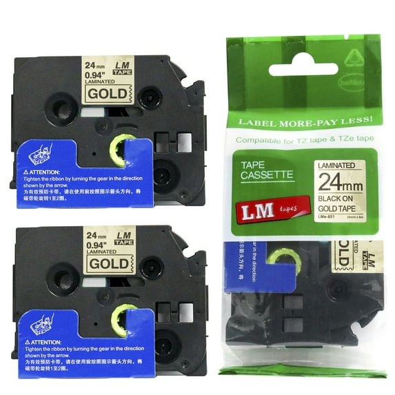 2/Pack LM Tapes - Premium 1" Black Print on Gold Label (24mm 0.94 Laminated) Compatible with TZe-851 P-touch Tape and comes with a great Tape Color/Size Guide for easy reordering.