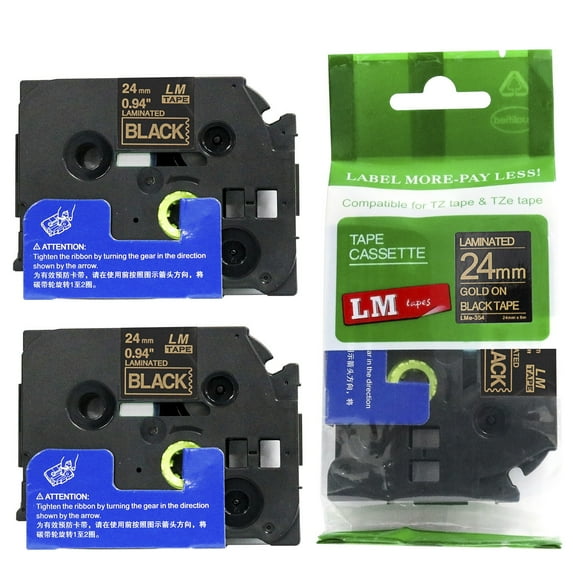 2/Pack LM Tapes - Premium 1" Gold Print on Black Label (24mm 0.94 Laminated) Compatible with TZe-354 P-touch Tape and comes with a great Tape Color/Size Guide for easy reordering.