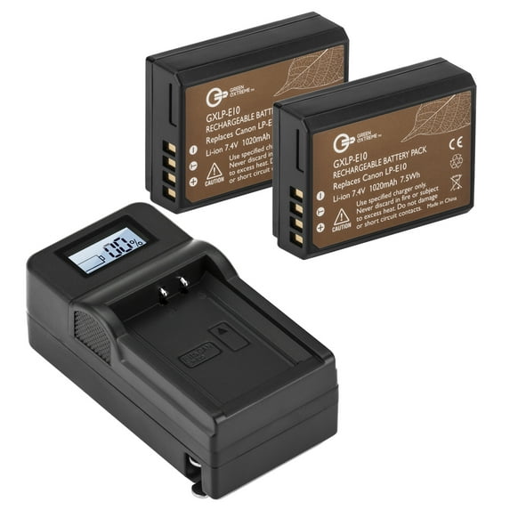 2 Pack LP-E10 Battery and Compact Smart Charger Kit (7.4V 1020mAh)