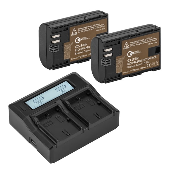 2 Pack LP-E6N Battery and Dual Smart Charger Kit (7.4V 2000mAh)