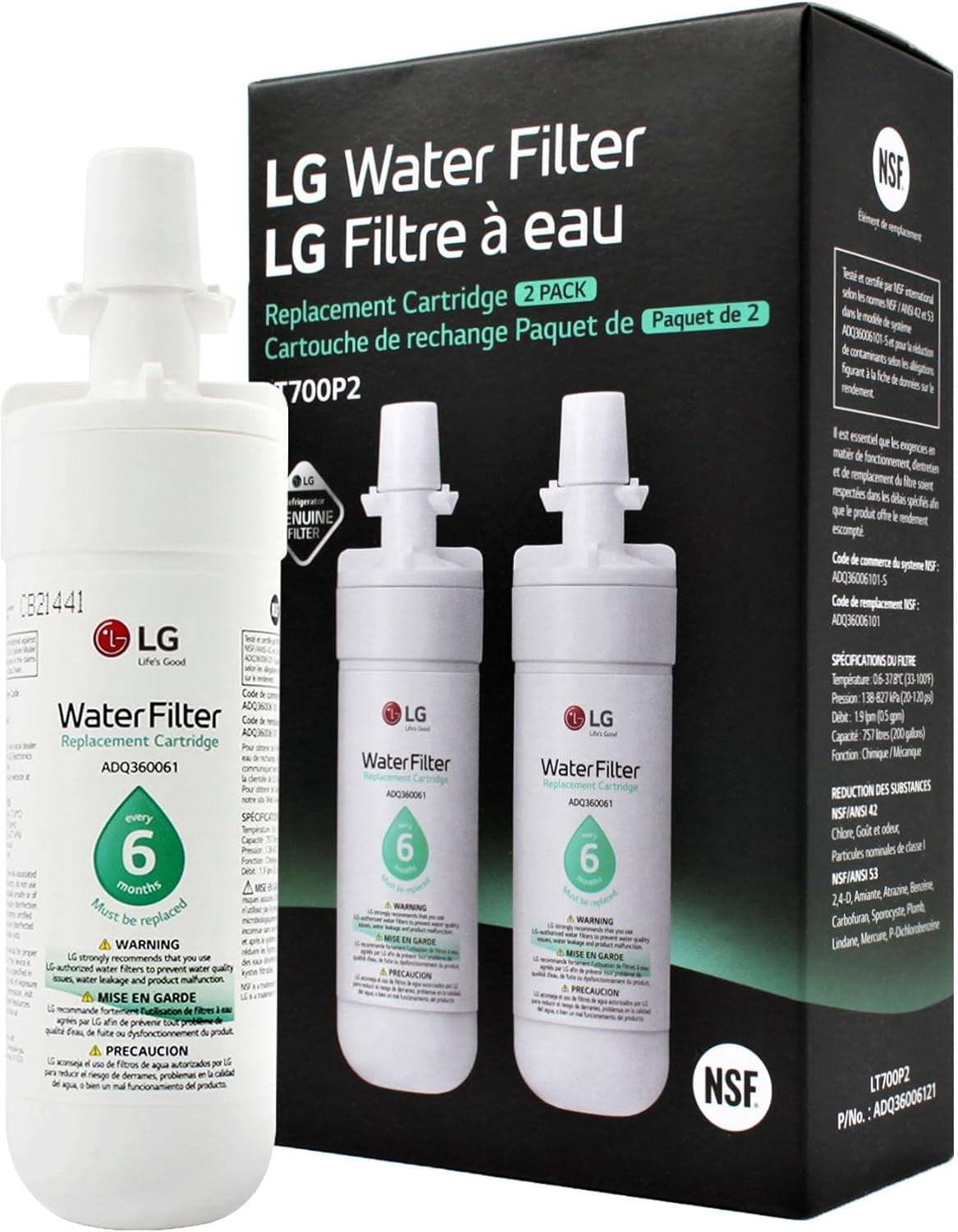 2-Pack LT700P Replacement Refrigerator Water Filter – NSF 42 & 53 Certified, Compatible For LG Fridge Water Filter, 6-Month / 200 Gallon, White