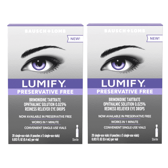 2 Pack - LUMIFY Redness Reliever Preservative Free Fast Acting Eye Drops, 20 Single Use Vials