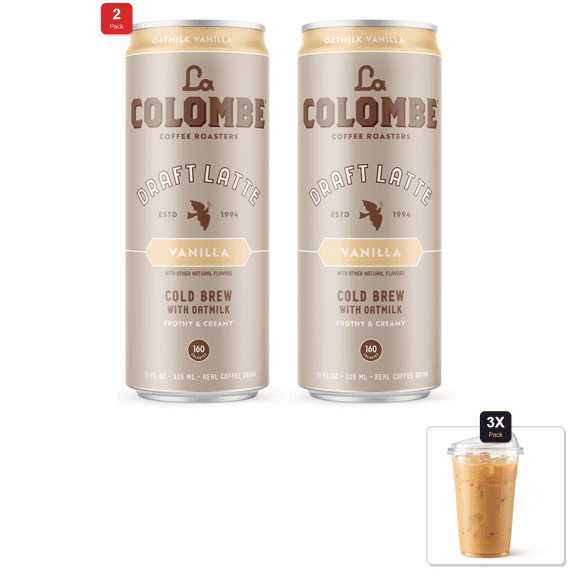 2 Pack | La Colombe Vanilla Draft Latte With Oatmilk, 11 Fl. Oz., Single Can & 3x 16oz Plastic Cup with Strawless Sip-Lid