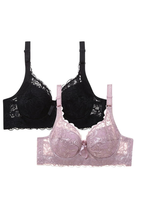 2 Pack Lace Bras for Women Plus Size 34-46 Push Up No Underwire Bralettes Ladies Trendy Solid Breathable Support Lifting BCD-Cup Underwear Bra