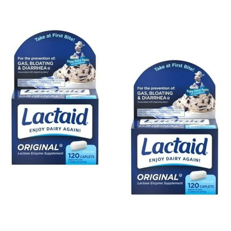 2 Pack Lactaid Caplets Lactase Enzyme Supplement, 120 Count each