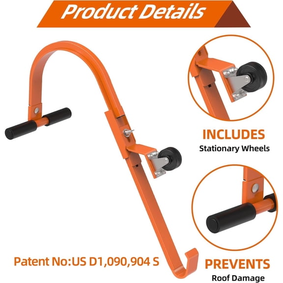 2 Pack Ladder Roof Hook with Wheel Heavy Duty Steel Ladder Stabilizer, Roof Ridge Extension, Rubber Grip T-Bar for Damage Prevention, 500 lbs Weight Ratin, Fast & Easy to Access Steep Roofs(Patent)