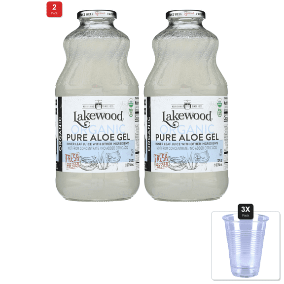 2 Pack | Lakewood, Organic Aloe Vera Gel Juice, 32 Oz & 3x Disposable Cup