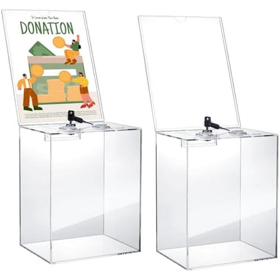 2 Pack Large Acrylic Donation Box, Suggestion Box, Ticket Container with Key Lock, Clear Ballot Jar, Storage Container, Tip Jar for Voting Charity Suggestion Collection, 5.9 x 7.8 x 9.8 Inch$$Office
