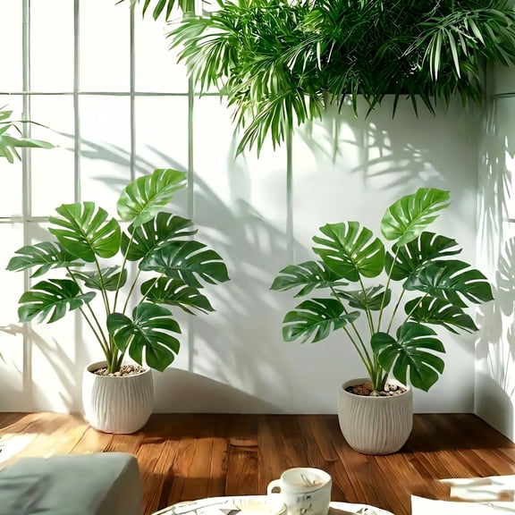 2-Pack Large Artificial Monstera Tree With Variegated Leaves - Realistic Fake Plastic Plant With Green Foliage, No Maintenance Tropical Indoor/Outdoor Decor For Home