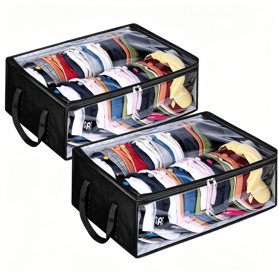 2-Pack Large Baseball Cap Organizer, 16" Wide Hat Storage Box with Clear Window, Breathable Hat Bags with Zipper for Closet, Holds Up to 80 Caps Total, Black