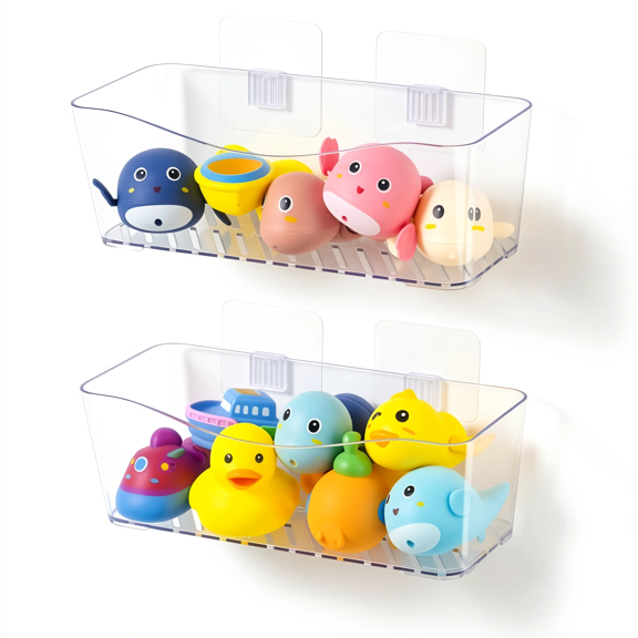 2 Pack Large Bath Storage Basket, Clear Plastic Bathtub Organizer with Drain Holes, Adhesive Wall Mount, No Drilling, 11.4 x 5.3 x 4 In