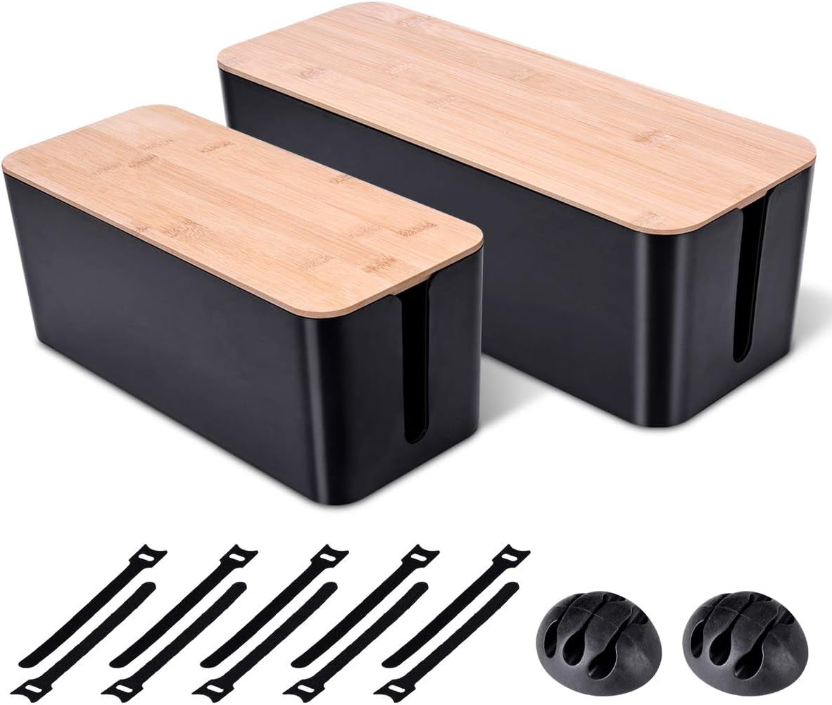 2-Pack Large Cable Management Box – Wooden Cable Organizer Box & Cover for TV Cables, Computer, Router, USB Hub & Power Strip Under Desk – Safe ABS Material & Baby & Pet Resistant Lock (Black)