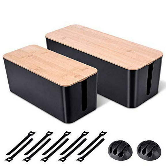 2 Pack Large Cable Management Box - Wooden Style Cord Organizer Box and Cover for TV Wires, Computer, Router, USB Hub and Under Desk Power Strip - Safe ABS Material and Baby-Pets Proof Lock (Black)
