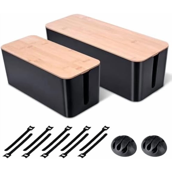 2 Pack Large Cable Management Box – Wooden Style Cord Organizer Box and Cover for TV Wires, Computer, Router, USB Hub and Under Desk Power Strip – Safe ABS Material and Baby-Pets Proof Lock (Black)