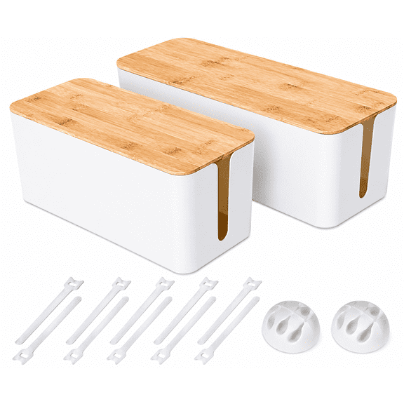 PLERISE 2 Pack Large Cable Management Box, Wooden Style Cord Organizer with Safety Lock, for TV Router Computer, White