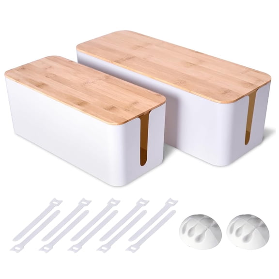 2 Pack Large Cable Management Box – Wooden Style Cord Organizer and Cover for TV Wires, Computer, Router, USB Hub and Under Desk Power Strip – Safe ABS Material and Baby-Pets Proof Lock (White)