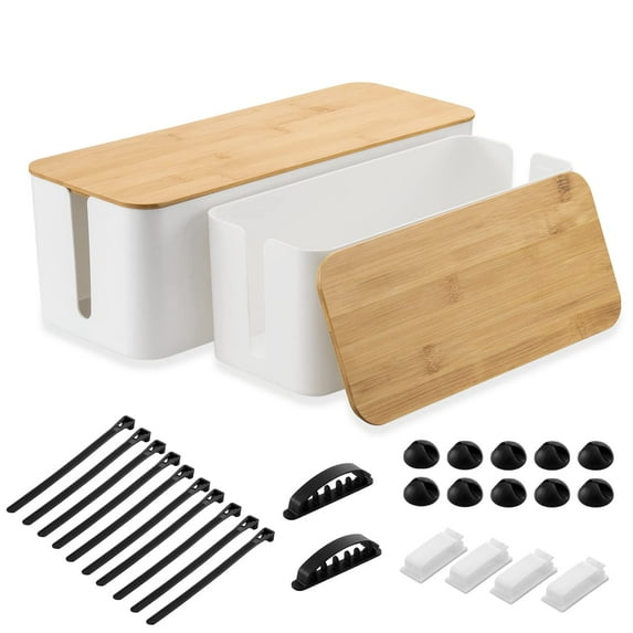 2 Pack Large Cable Management Box – Wooden Style Cord Organizer Box and Cover for TV Wires, Computer, Router, USB Hub and Under Desk Power Strip – Safe ABS Material and Baby-Pets Proof Lock (White)