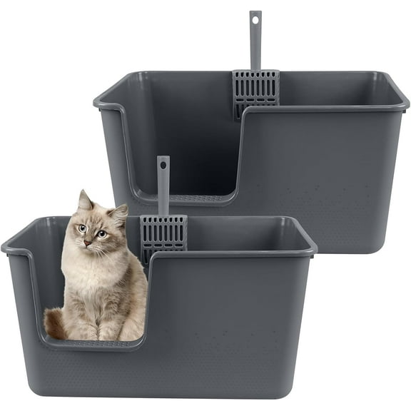 2 Pack Large Cat Litter Boxes with Free Scoops, Plastic High Side Pet Litter Pans, Gray