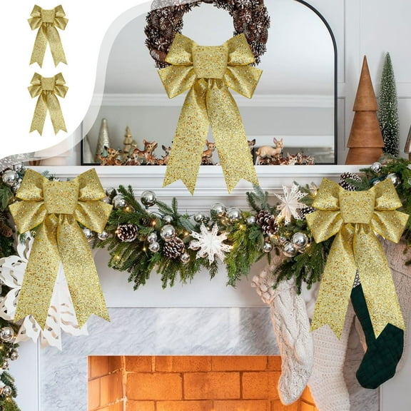 2-Pack Large Christmas Tree Bows | 33x23cm Gold Nylon Spandex Bow Decorations | Festive Tree Topper & Holiday Party Decor for Xmas, Weddings & Home Decorations