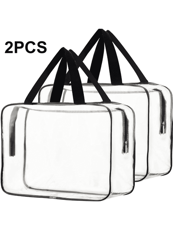2 Pack Large Clear Makeup Bag, PVC Clear Cosmetic Toiletry Organizer Bags with Handle, Waterproof Plastic Toiletry Zipper Tote Bags for Travel, Gym, Cosmetic, Toiletry
