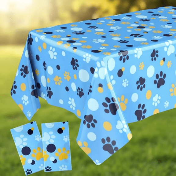 2 Pack Large Disposable Plastic Tablecloth, 54x108 Inch Rectangle Cartoon Theme Table Cover with Dog Paw Print and Pink Pig Design for Birthday Party Decorations (Blue, Paw Prints)
